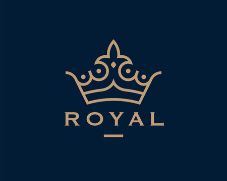 Modern royal crown logo. Premium luxury gold brand line icon. Elegant golden business symbol. Jewelry design element. Vector illustration.