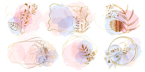 Set of floral frames with different grasses, ferns and leaves. Flower wreaths with ornaments and gold glitter effects. Element design. Vector illustration with colorful watercolors and gold.