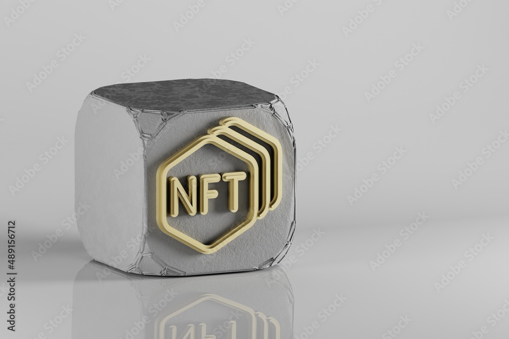 Aufkleber nft collection icon. beautiful golden nft symbol icons on a beton cube and ceramic background. 3d re