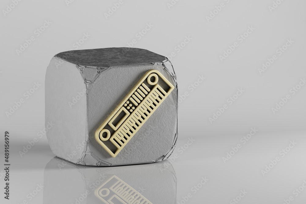Poster long synthesizer icon. beautiful golden music symbol icons on a beton cube and white ceramic backgro
