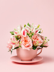 Tea cup filled with bouquet of fresh roses and orchids on pastel pink background. Creative floral...