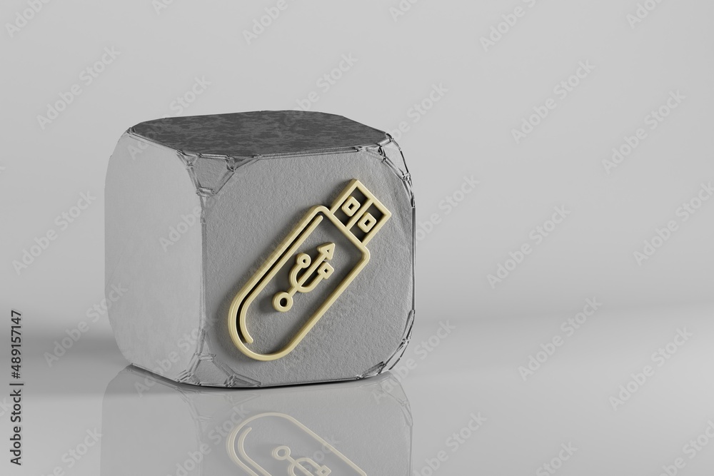 Poster pendrive device icon. beautiful golden music symbol icons on a beton cube and white ceramic backgrou