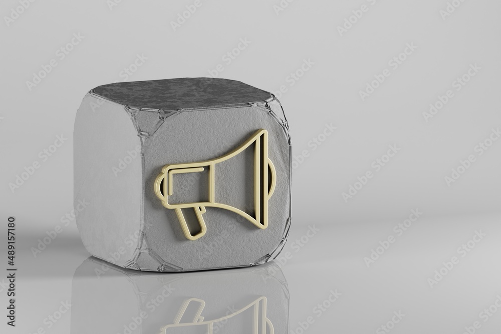 Poster shout megaphone icon. beautiful golden music symbol icons on a beton cube and white ceramic backgrou
