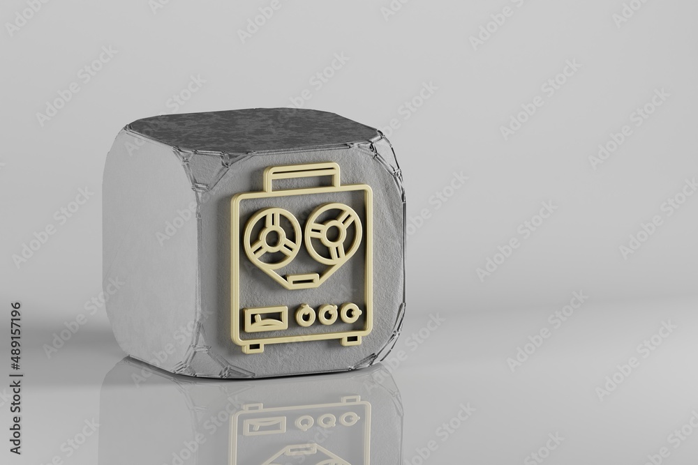 Poster old audio recorder icon. beautiful golden music symbol icons on a beton cube and white ceramic backg