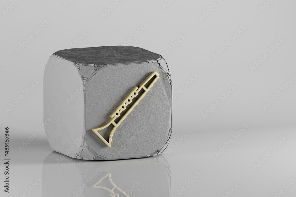 Poster inclined clarinet icon. beautiful golden music symbol icons on a beton cube and white ceramic backgr