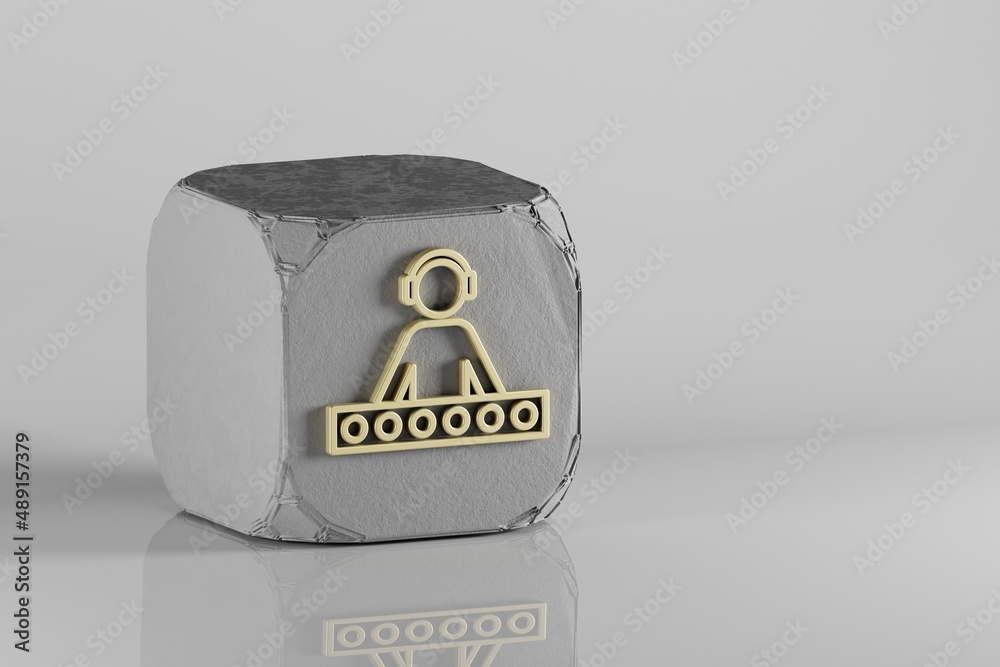 Poster dj with headphones icon. beautiful golden music symbol icons on a beton cube and white ceramic backg
