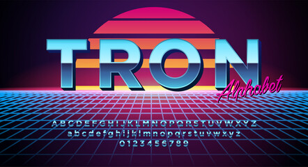 Retro alphabet font. Shiny chrome metallic effect letters and numbers. Vector font for your design. Retro futurism style 90s, 80s. Retro disco style.