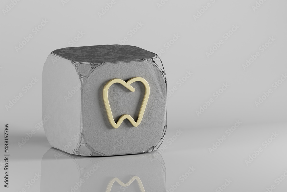 Poster tooth icon. beautiful golden symbol icons on a beton cube and white ceramic background. 3d rendering