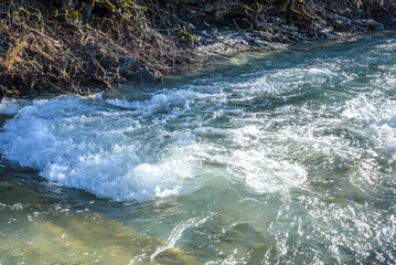 Waterfall on Zhane river on sunny winter day. Krasnodar Krai, Gelendzhik, Russia
