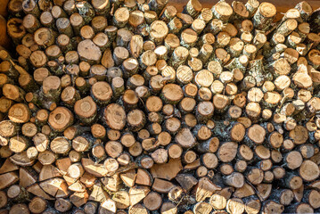Natural wooden background - closeup of chopped firewood