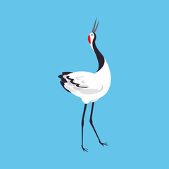 Red Crowned Crane as Long-legged and Long-necked Bird Walking on Blue Background Vector Illustration