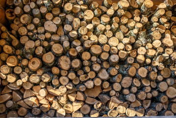 Natural wooden background - closeup of chopped firewood