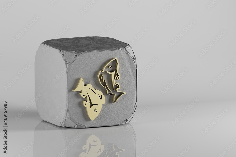 Poster beautiful golden zodiac sign pisces symbol icons on a beton cube and white ceramic background. 3d re