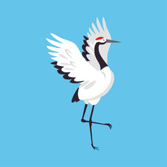 Red Crowned Crane as Long-legged and Long-necked Bird Standing with Spread Wings on Blue Background Vector Illustration