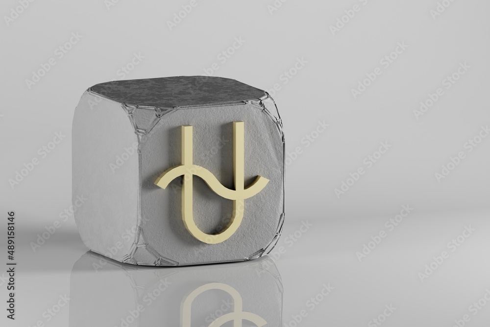 Poster beautiful golden zodiac sign ophiuchus symbol icons on a beton cube and white ceramic background. 3d