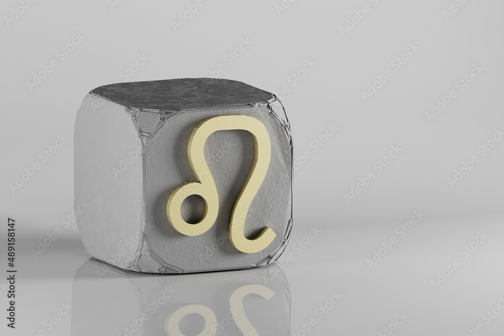 Poster beautiful golden zodiac sign leo symbol icons on a beton cube and white ceramic background. 3d rende
