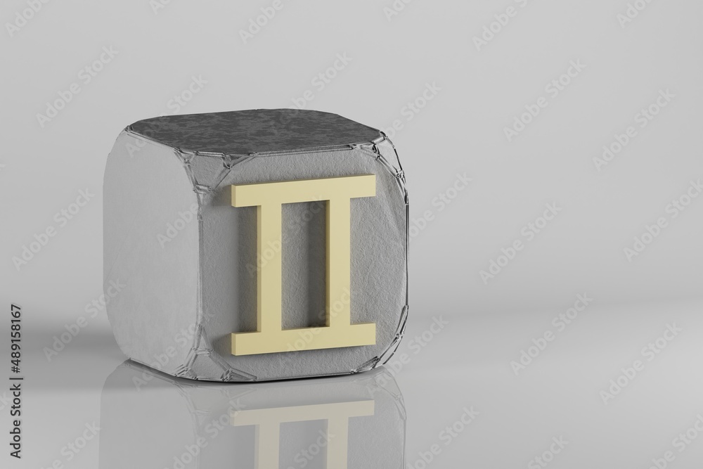 Poster beautiful golden zodiac sign gemini symbol icons on a beton cube and white ceramic background. 3d re