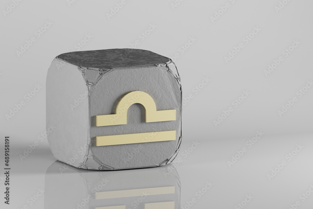 Poster beautiful golden zodiac sign libra symbol icons on a beton cube and white ceramic background. 3d ren