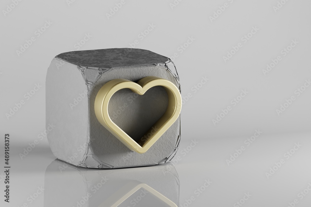 Aufkleber beautiful golden heart symbol icons on a beton cube and white ceramic background. 3d rendering illus