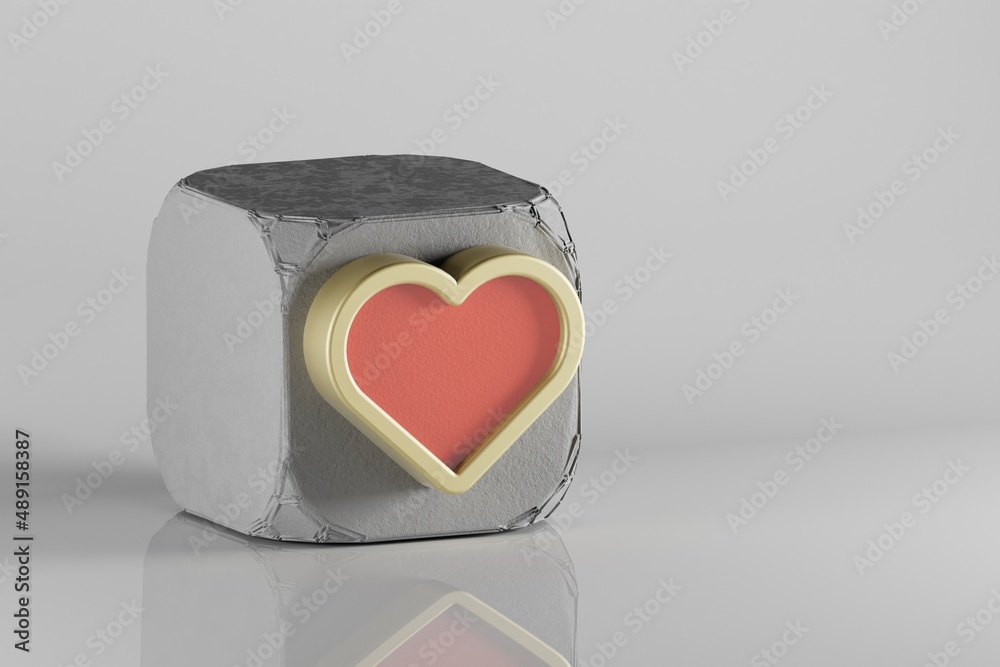 Aufkleber beautiful golden heart symbol icons on a beton cube and white ceramic background. 3d rendering illus