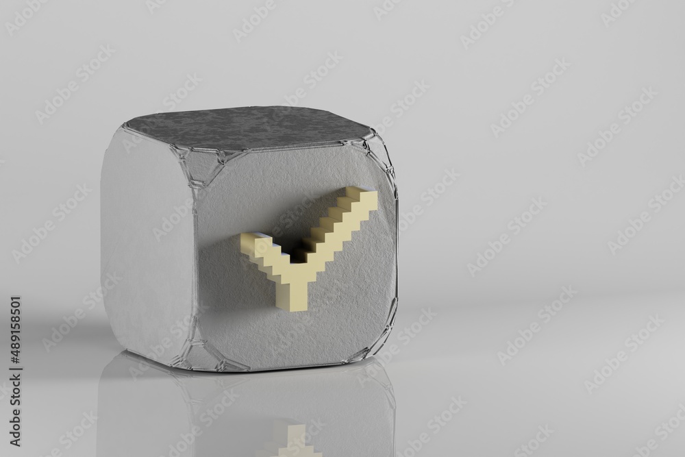 Poster Beautiful Golden Pixel icon Check symbol icons on a beton cube and white ceramic background. 3d rendering illustration. Background pattern for design..