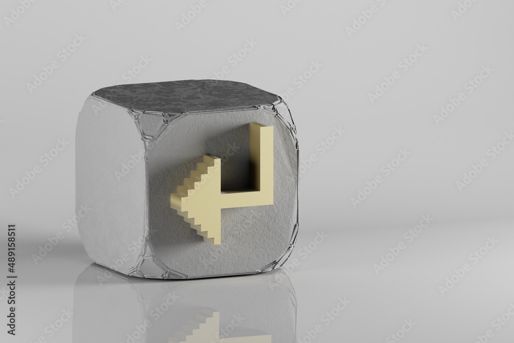 Fototapete beautiful golden pixel icon arrow symbol icons on a beton cube and white ceramic background. 3d rend