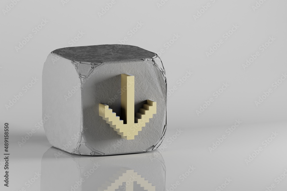 Poster Beautiful Golden Pixel icon Arrow Down symbol icons on a beton cube and white ceramic background. 3d rendering illustration. Background pattern for design..