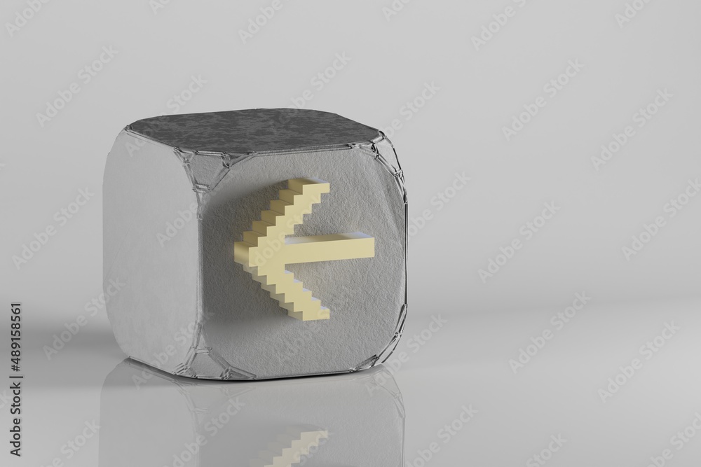 Poster Beautiful Golden Pixel icon Arrow Left symbol icons on a beton cube and white ceramic background. 3d rendering illustration. Background pattern for design..