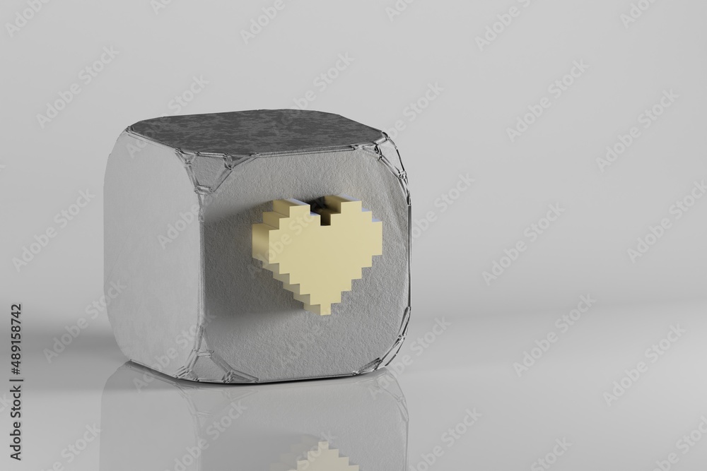 Leinwandbilder beautiful golden pixel icon hearts symbol icons on a beton cube and white ceramic background. 3d ren