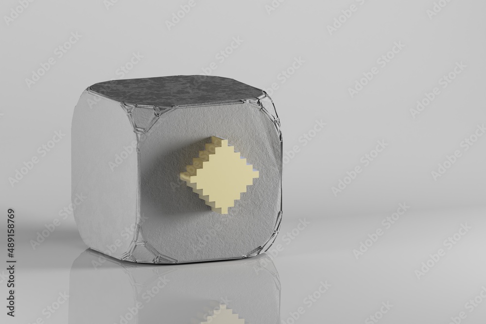 Fototapete beautiful golden pixel icon diamonds symbol icons on a beton cube and white ceramic background. 3d r