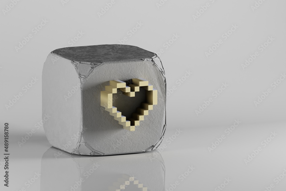Leinwandbilder beautiful golden pixel icon hearts symbol icons on a beton cube and white ceramic background. 3d ren