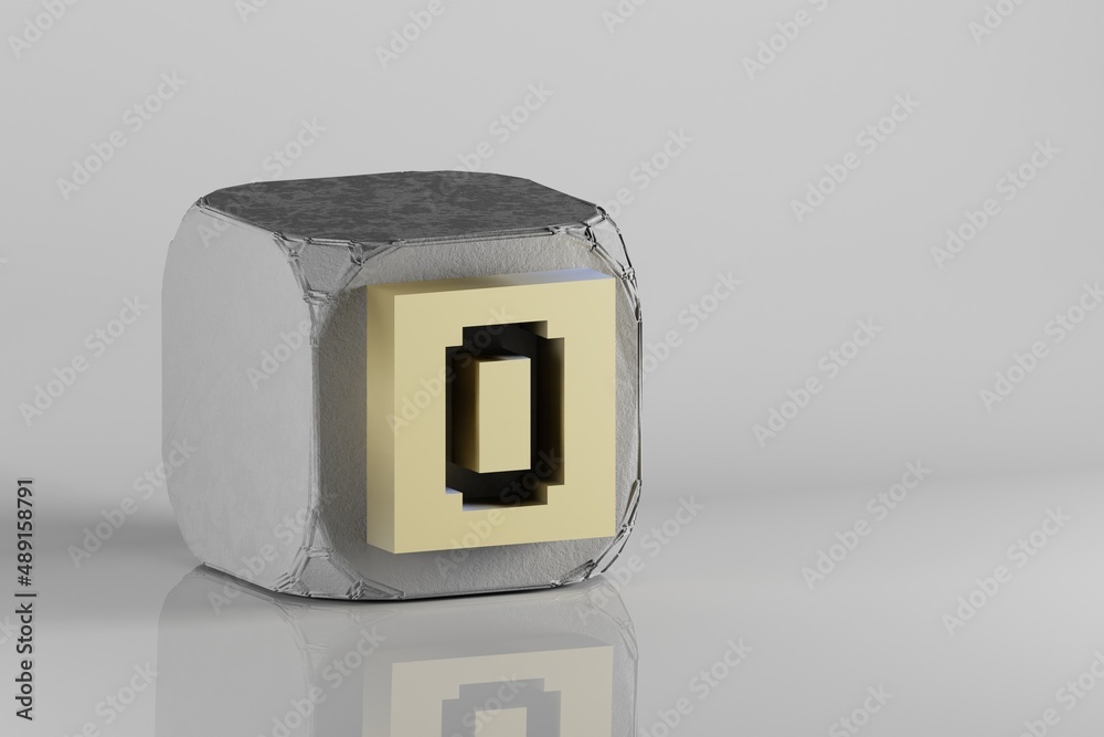 Poster Beautiful Golden Pixel number 0. symbol icons on a beton cube and white ceramic background. 3d rendering illustration. Background pattern for design..
