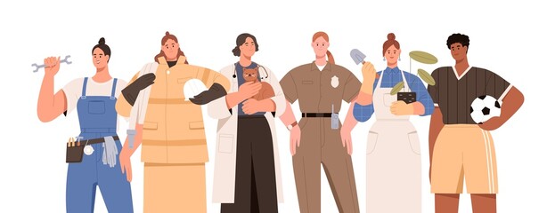 Fototapeta premium Woman of different professions, occupations, jobs. Female workers group portrait. Diverse women, plumber, police officer, athlete and gardener. Flat vector illustration isolated on white background