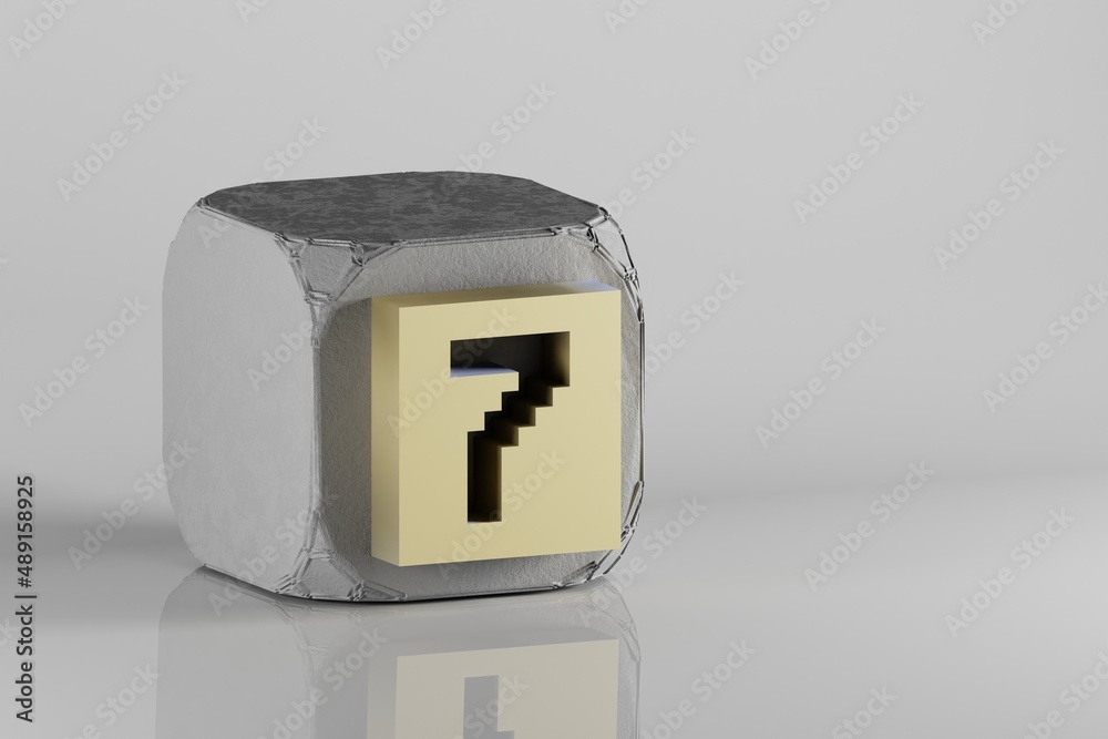 Poster beautiful golden pixel number 7 symbol icons on a beton cube and white ceramic background. 3d render