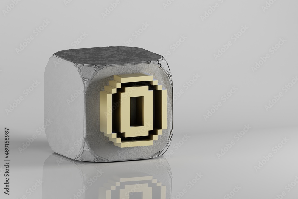Poster Beautiful Golden pix symbol icons on a beton cube and white ceramic background. 3d rendering illustration. Background pattern for design..