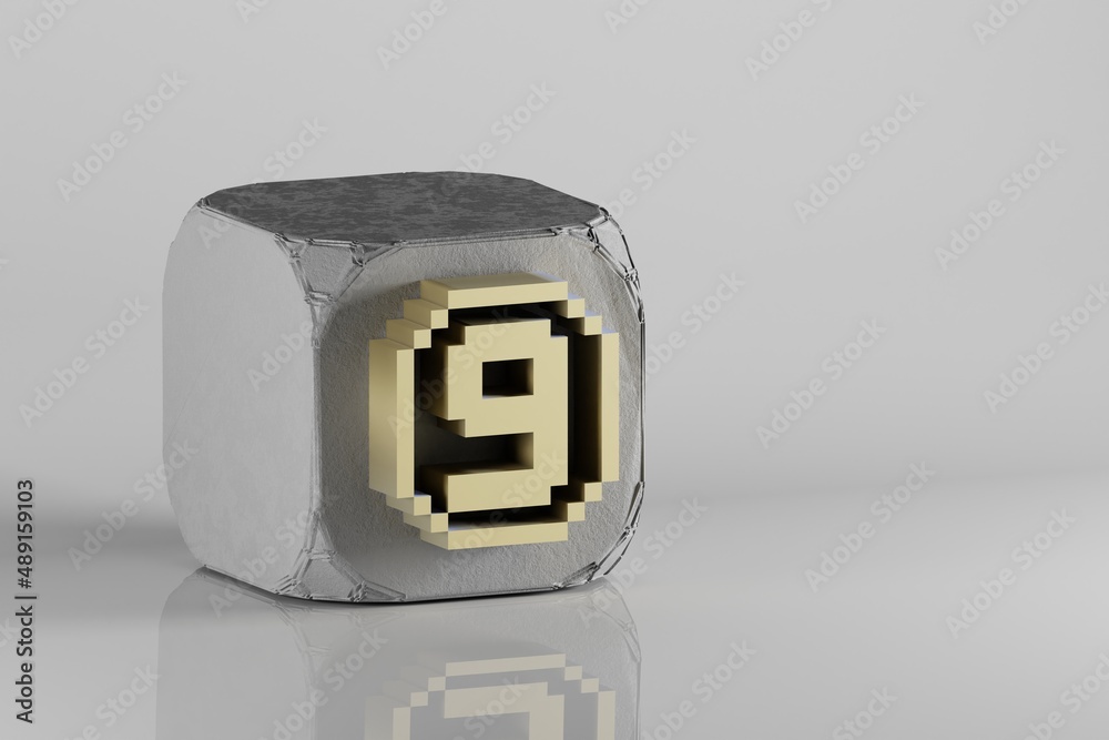 Poster Beautiful Golden Pixel number 9 symbol icons on a beton cube and white ceramic background. 3d rendering illustration. Background pattern for design.