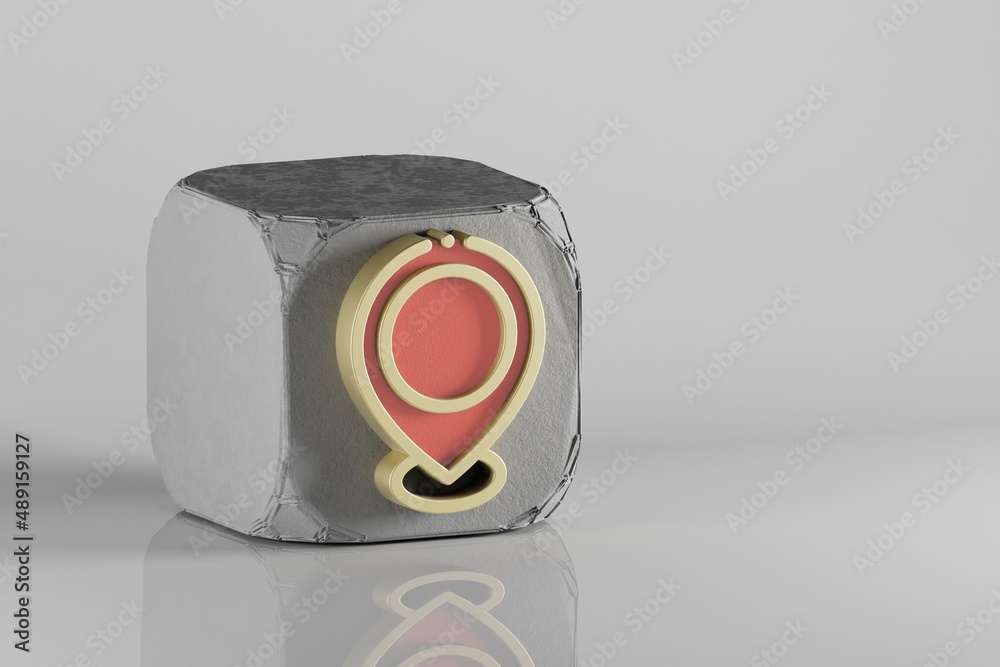 Poster beautiful golden location symbol icons on a beton cube and white ceramic background. 3d rendering il