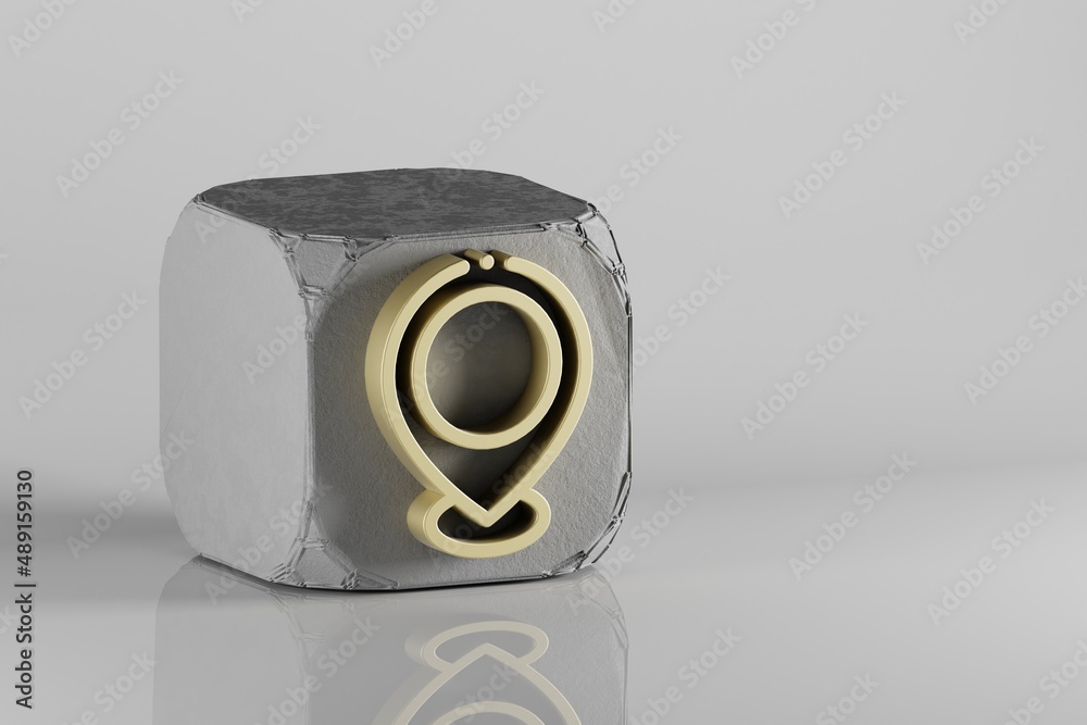Poster beautiful golden location symbol icons on a beton cube and white ceramic background. 3d rendering il