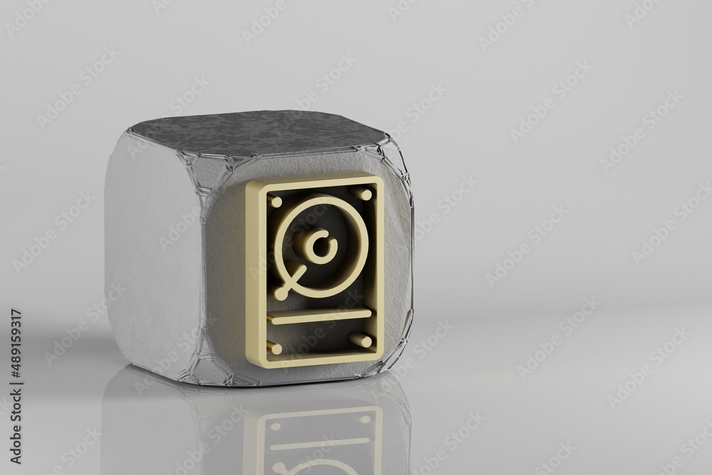 Poster beautiful golden hard disk driver symbol icons on a beton cube and white ceramic background. 3d rend