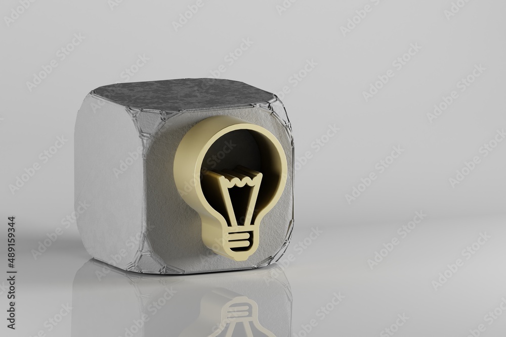 Poster beautiful golden light bulb symbol icons on a beton cube and white ceramic background. 3d rendering 