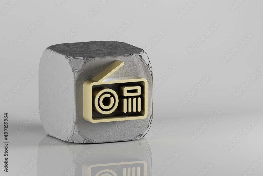 Poster Beautiful Golden Old Radio with Short Antenna symbol icons on a beton cube and white ceramic background. 3d rendering illustration. Background pattern for design.