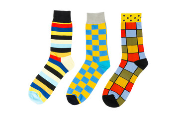 Three sock with different lines isolated on white background. Colorful sock son white background....