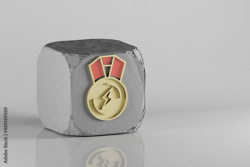 Poster beautiful golden lightning medal symbol on a beton cube and white ceramic background. 3d rendering i