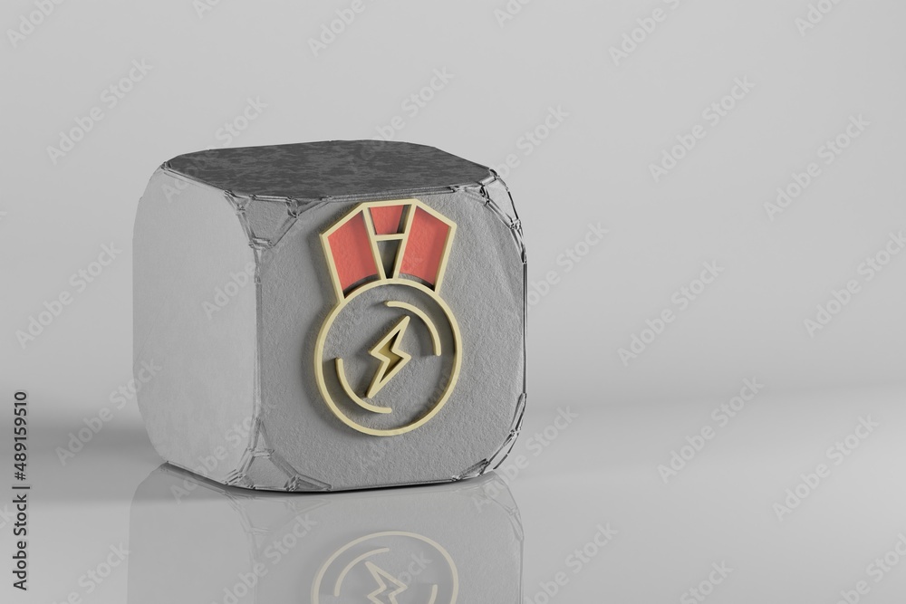 Poster beautiful golden lightning medal symbol on a beton cube and white ceramic background. 3d rendering i