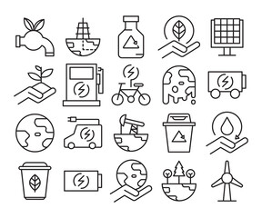 global warming and eco friendly line icons set