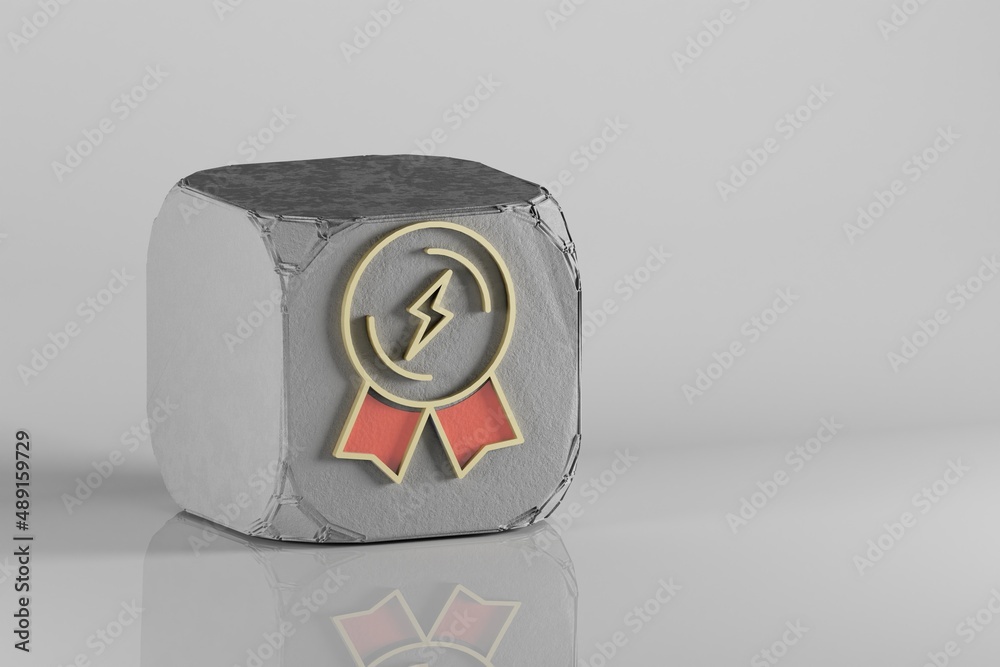 Leinwandbilder beautiful golden lightning badge symbol on a beton cube and white ceramic background. 3d rendering i
