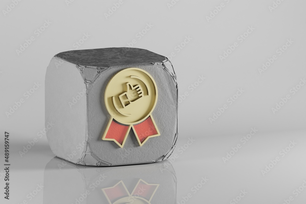 Aufkleber beautiful golden thumbs up badge symbol on a beton cube and white ceramic background. 3d rendering i