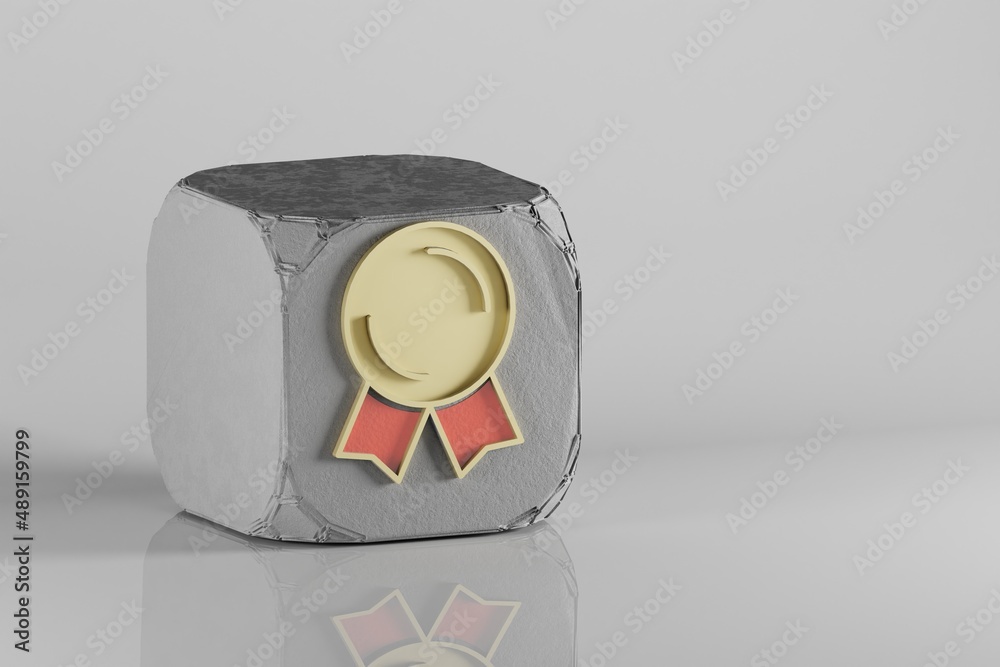 Poster beautiful golden badge symbol on a beton cube and white ceramic background. 3d rendering illustratio