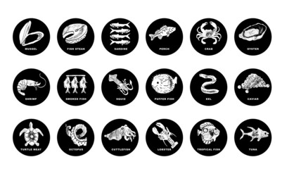 Fishes, arthropods and seafood in a abstract draw design. Simple, flat design. Patterns and backgrounds.