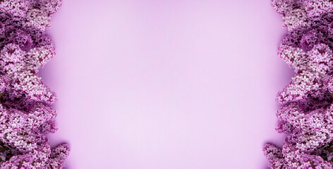 Lilac flowers on color background with frame for text. Spring concept